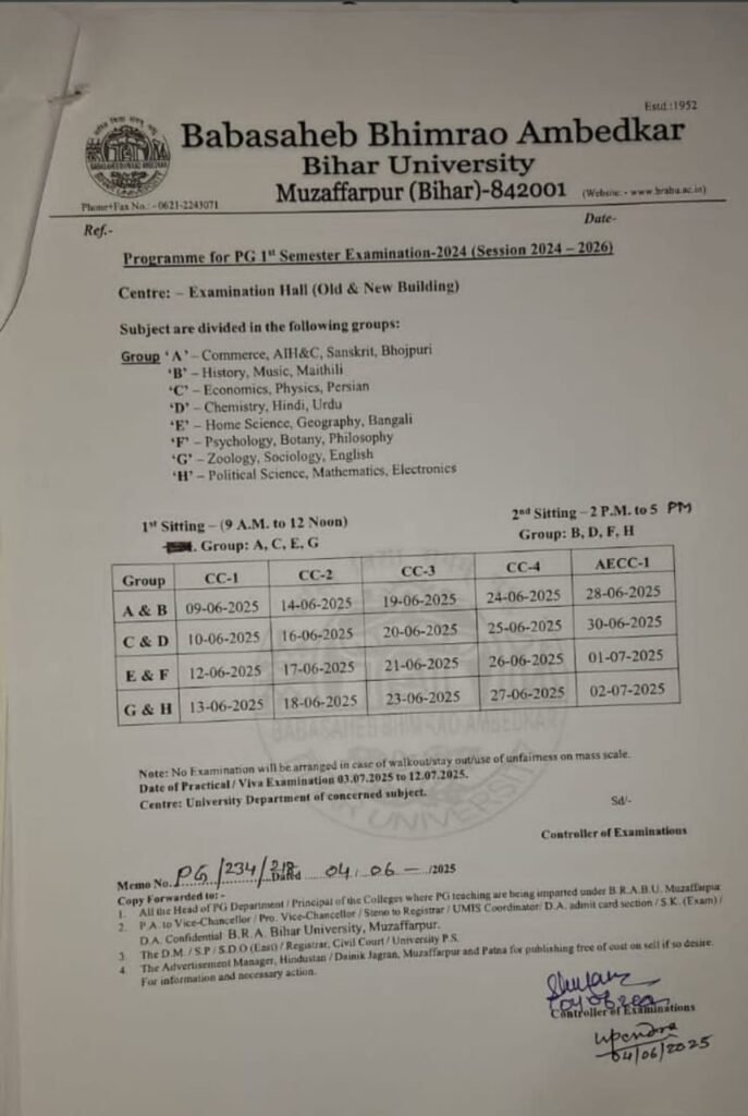 BRABU PG 1st Semester Exam 2024 Time Table : पीजी 1st सेमेस्टर परीक्षा का कार्यक्रम जारी, यहां से करें डाउनलोड... 1 img 20250604 wa0029917228226207858734