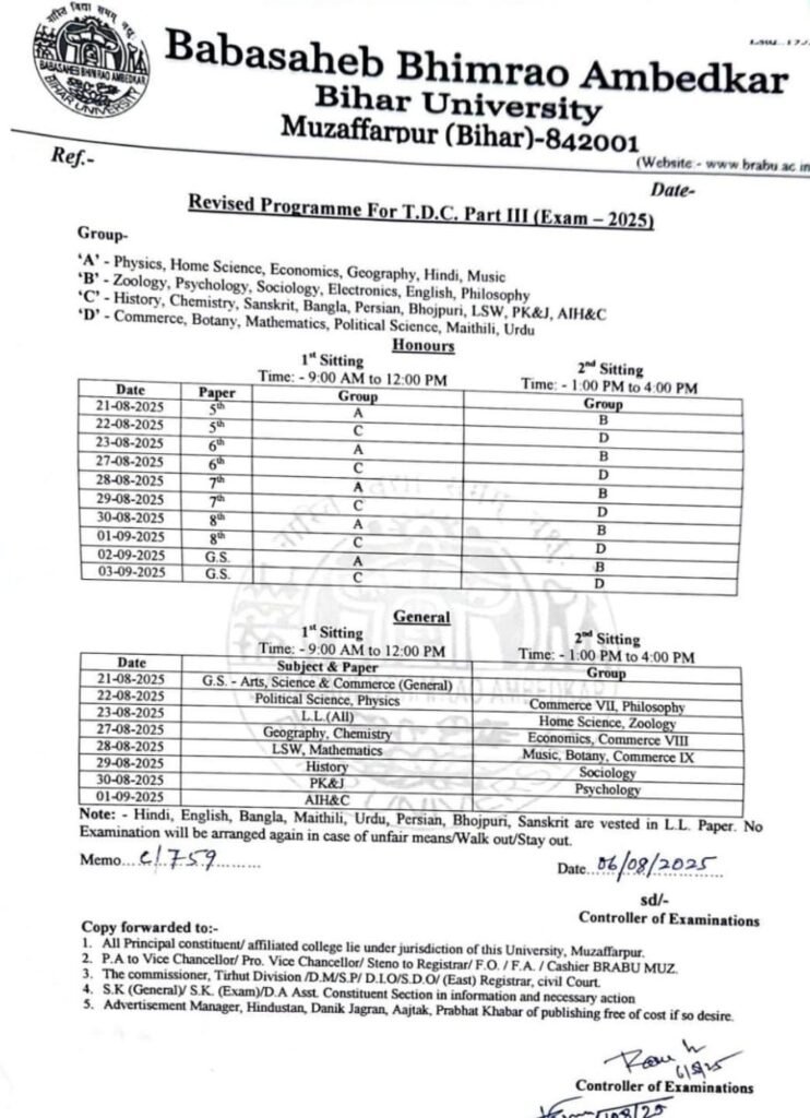 BRABU TDC Part 3 Exam Routine 2025 : स्नातक पार्ट 3 का परीक्षा कार्यक्रम जारी, 21 अगस्त से शुरू होंगी परीक्षाएं, यहाँ देखें पूरी डिटेल 1 img 20250806 wa00436305362779096208488