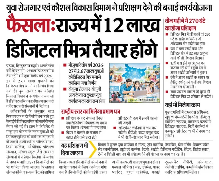 Bihar Digital Mitra Vacancy 2026: 10वीं/12वीं पास युवाओं को डिजिटल मित्र बनने का मौका, जानें योग्यता, ट्रेनिंग और आवेदन प्रक्रिया 1 image 14